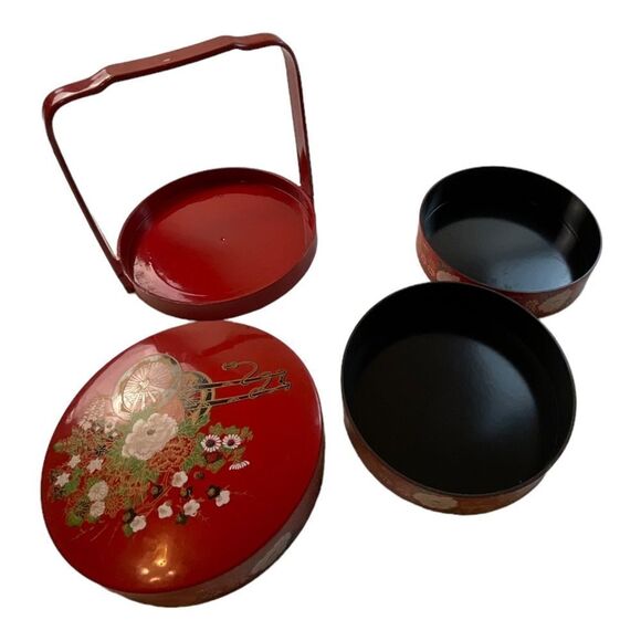 Vintage Retro Bento Box Red Enamel Floral  3 Pieces Lid and Holder - Picture 6 of 14